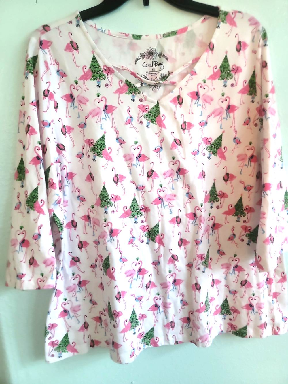 Coral Bay Christmas Flamingos 3/4 Sleeve Cruise Beach Shirt 1X Womens Top Tree